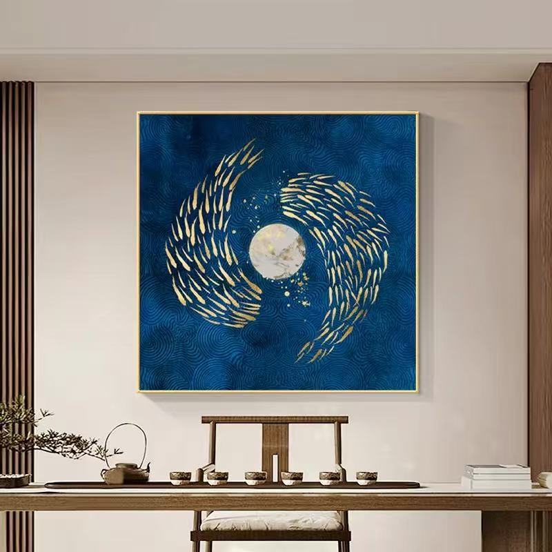 Dao Art: Golden Koi Moon Framed Wall Art | Luxury Blue Ocean Painting | Feng Shui Prosperity Decor
