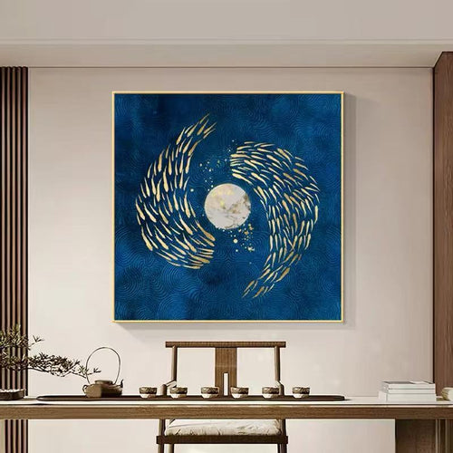 Dao Art: Golden Koi Moon Framed Wall Art | Luxury Blue Ocean Painting | Feng Shui Prosperity Decor