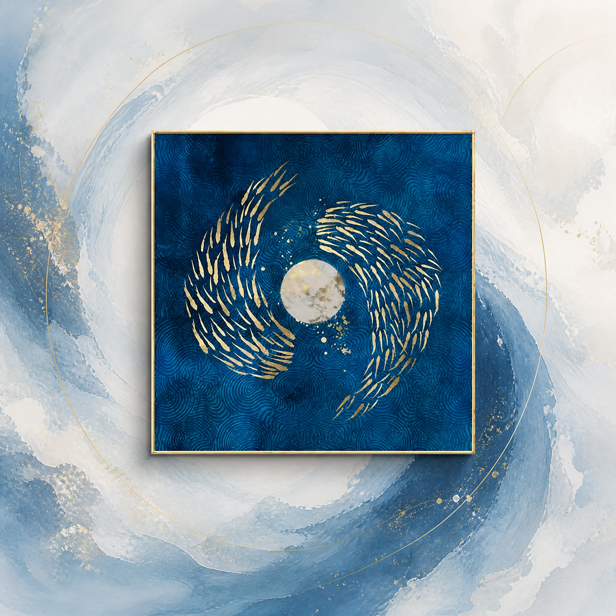 Dao Art: Golden Koi Moon Framed Wall Art | Luxury Blue Ocean Painting | Feng Shui Prosperity Decor